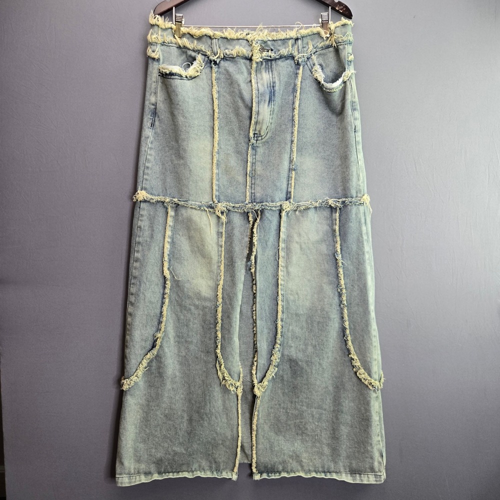 Fashion Nova Denim Maxi Skirt Distressed Raw Edge XL Light Wash Patchwork Seam